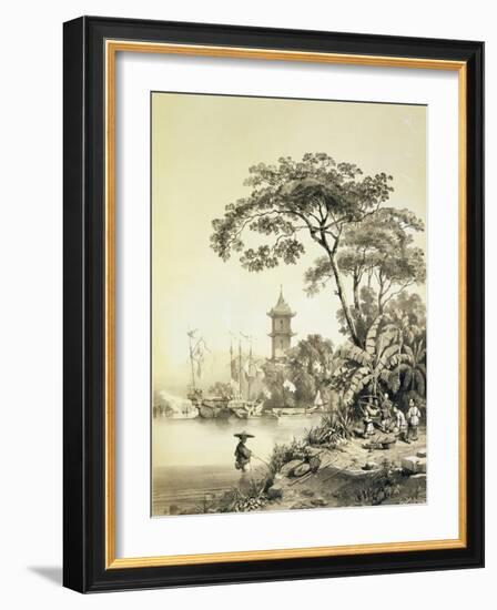 A Pagoda on the Macao-Canton Canal, Plate 21 from 'Sketches of China', Engraved by Eugene Ciceri-Auguste Borget-Framed Giclee Print