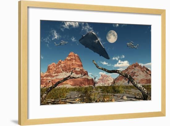 A Pair of Ah-64 Apache Black Ops Helicopters Chasing a Ufo-null-Framed Art Print