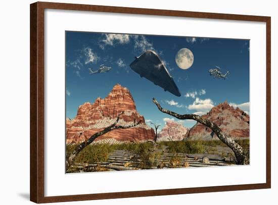 A Pair of Ah-64 Apache Black Ops Helicopters Chasing a Ufo-null-Framed Art Print