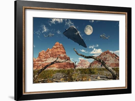 A Pair of Ah-64 Apache Black Ops Helicopters Chasing a Ufo-null-Framed Art Print