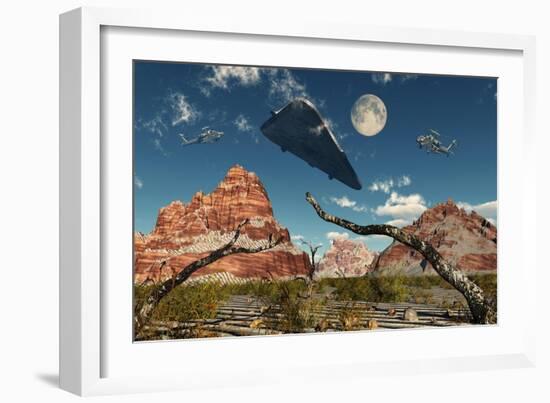 A Pair of Ah-64 Apache Black Ops Helicopters Chasing a Ufo-null-Framed Art Print