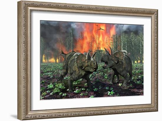 A Pair of Albertaceratops Running Away from a Forest Fire-null-Framed Art Print