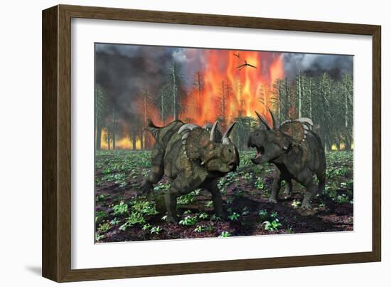 A Pair of Albertaceratops Running Away from a Forest Fire-null-Framed Art Print