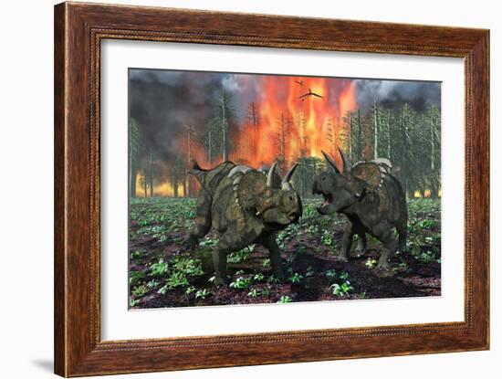 A Pair of Albertaceratops Running Away from a Forest Fire-null-Framed Art Print