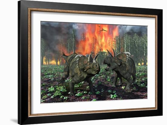 A Pair of Albertaceratops Running Away from a Forest Fire-null-Framed Art Print