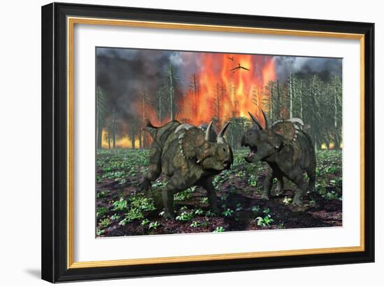 A Pair of Albertaceratops Running Away from a Forest Fire-null-Framed Art Print