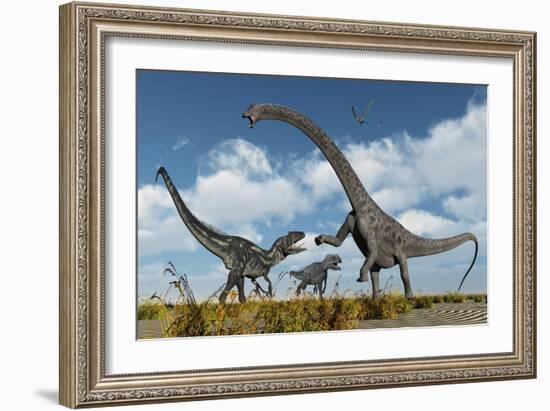 A Pair of Allosaurus Dinosaurs Confront a Giant Diplodocus-null-Framed Premium Giclee Print