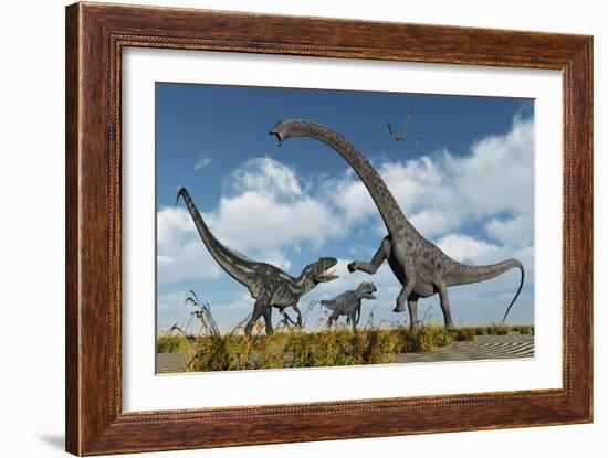 A Pair of Allosaurus Dinosaurs Confront a Giant Diplodocus-null-Framed Premium Giclee Print