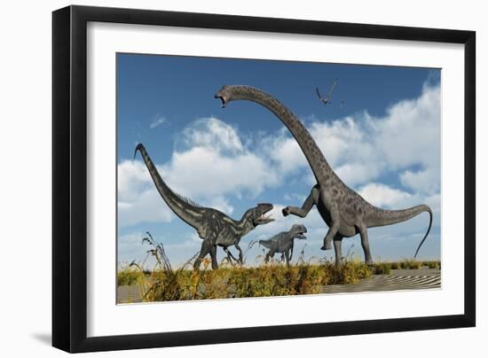 A Pair of Allosaurus Dinosaurs Confront a Giant Diplodocus-null-Framed Premium Giclee Print