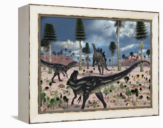 A Pair of Allosaurus Dinosaurs Confront a Lone Stegosaurus-Stocktrek Images-Framed Premier Image Canvas