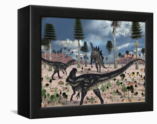 A Pair of Allosaurus Dinosaurs Confront a Lone Stegosaurus-Stocktrek Images-Framed Premier Image Canvas