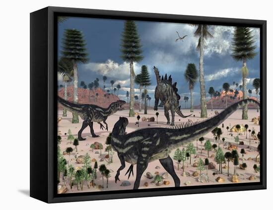 A Pair of Allosaurus Dinosaurs Confront a Lone Stegosaurus-Stocktrek Images-Framed Premier Image Canvas