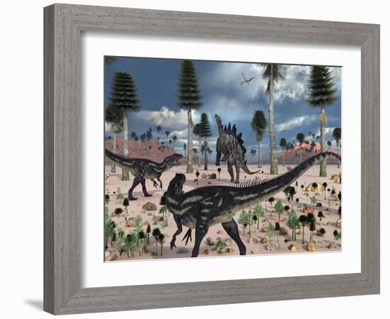 A Pair of Allosaurus Dinosaurs Confront a Lone Stegosaurus-Stocktrek Images-Framed Photographic Print