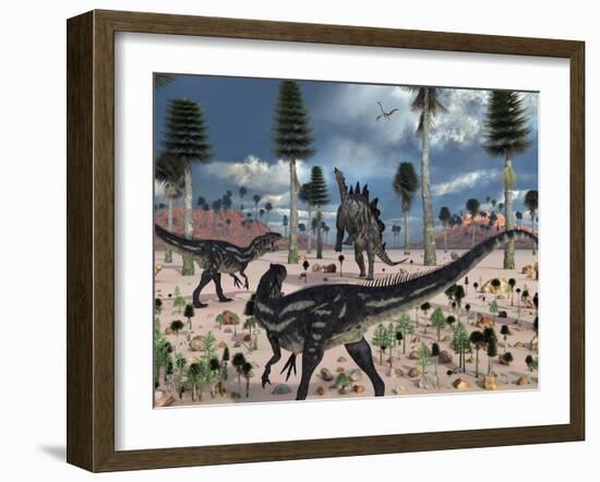 A Pair of Allosaurus Dinosaurs Confront a Lone Stegosaurus-Stocktrek Images-Framed Photographic Print