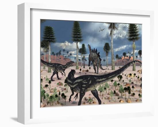 A Pair of Allosaurus Dinosaurs Confront a Lone Stegosaurus-Stocktrek Images-Framed Photographic Print