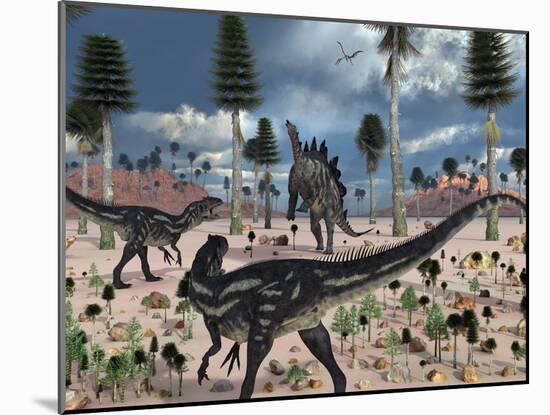 A Pair of Allosaurus Dinosaurs Confront a Lone Stegosaurus-Stocktrek Images-Mounted Photographic Print