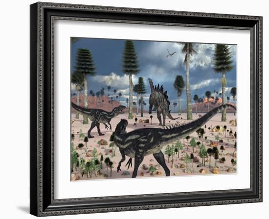 A Pair of Allosaurus Dinosaurs Confront a Lone Stegosaurus-Stocktrek Images-Framed Photographic Print