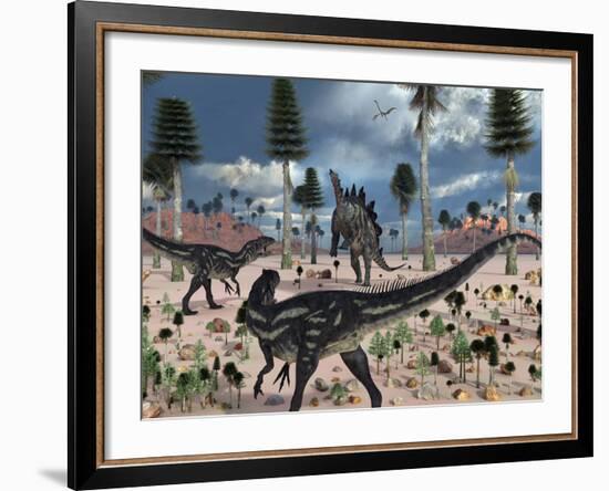 A Pair of Allosaurus Dinosaurs Confront a Lone Stegosaurus-Stocktrek Images-Framed Photographic Print