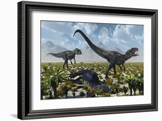 A Pair of Allosaurus Dinosaurs Kill a Camptosaurus Dinosaur-null-Framed Premium Giclee Print