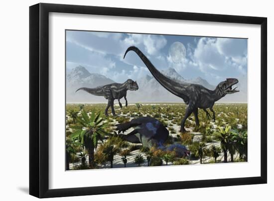 A Pair of Allosaurus Dinosaurs Kill a Camptosaurus Dinosaur-null-Framed Art Print