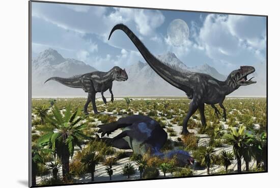 A Pair of Allosaurus Dinosaurs Kill a Camptosaurus Dinosaur-null-Mounted Art Print