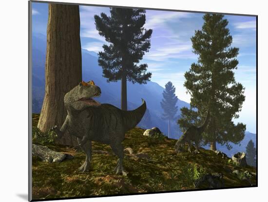 A Pair of Allosaurus Search for a Meal Along a Mountainside Forest-Stocktrek Images-Mounted Photographic Print