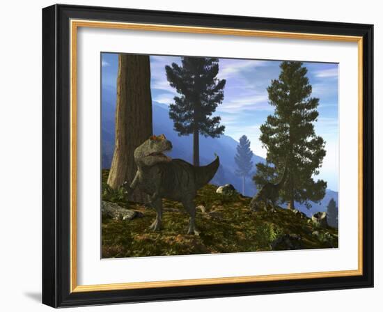 A Pair of Allosaurus Search for a Meal Along a Mountainside Forest-Stocktrek Images-Framed Photographic Print