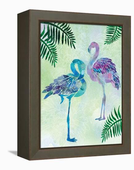 A pair of Blue Coast Flamingos with Palm fronds-Bee Sturgis-Framed Stretched Canvas