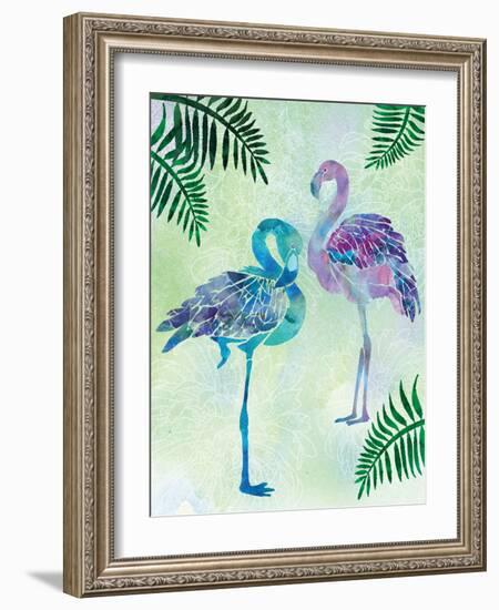 A pair of Blue Coast Flamingos with Palm fronds-Bee Sturgis-Framed Art Print
