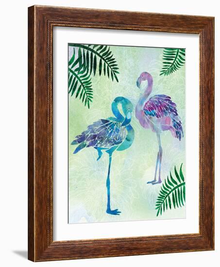 A pair of Blue Coast Flamingos with Palm fronds-Bee Sturgis-Framed Art Print