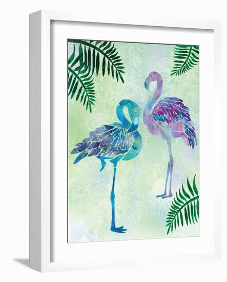 A pair of Blue Coast Flamingos with Palm fronds-Bee Sturgis-Framed Art Print