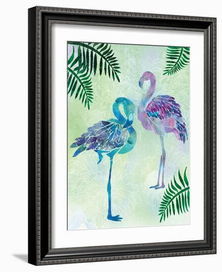 A pair of Blue Coast Flamingos with Palm fronds-Bee Sturgis-Framed Art Print