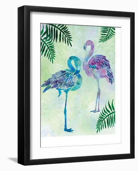 A pair of Blue Coast Flamingos with Palm fronds-Bee Sturgis-Framed Art Print