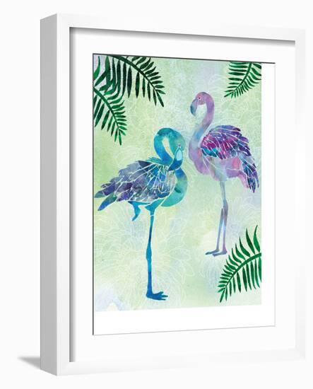 A pair of Blue Coast Flamingos with Palm fronds-Bee Sturgis-Framed Art Print