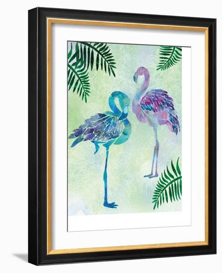 A pair of Blue Coast Flamingos with Palm fronds-Bee Sturgis-Framed Art Print