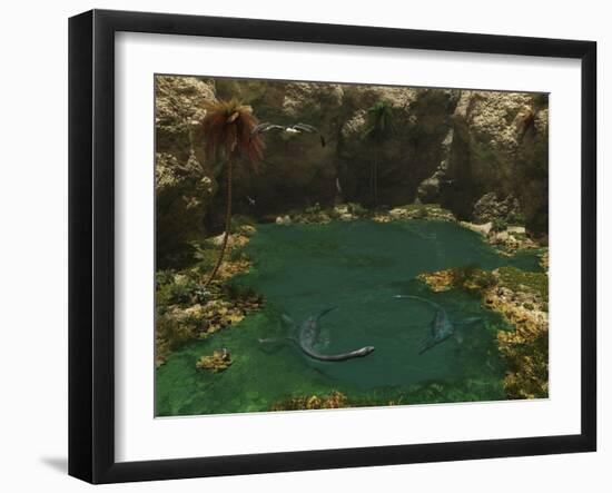 A Pair of Elasmosaurus Engage in a Swimming Courtship Dance-Stocktrek Images-Framed Photographic Print