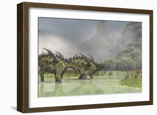 A Pair of Gigantspinosaurus Dinosaurs Roaming in the Wetlands of China-Stocktrek Images-Framed Art Print