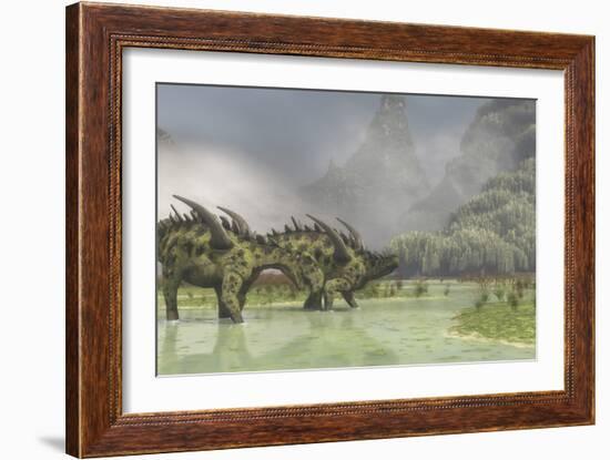 A Pair of Gigantspinosaurus Dinosaurs Roaming in the Wetlands of China-Stocktrek Images-Framed Art Print