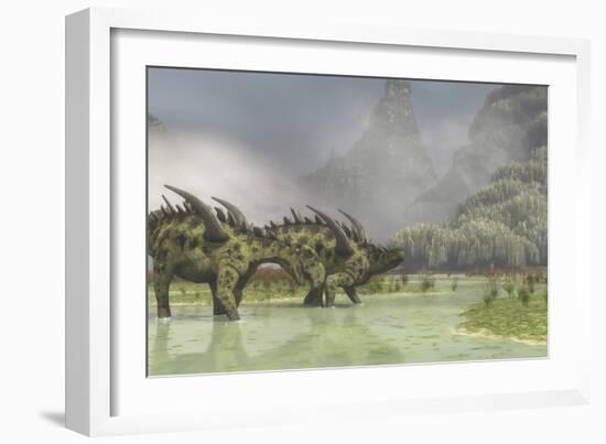 A Pair of Gigantspinosaurus Dinosaurs Roaming in the Wetlands of China-Stocktrek Images-Framed Art Print