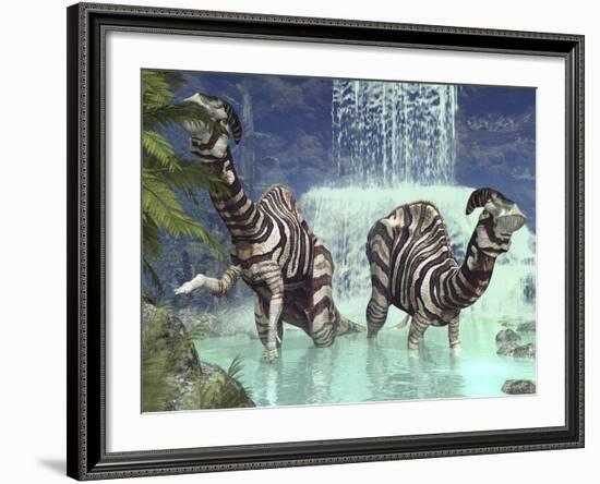 A Pair of Parasaurolophus Feed on Flora Near a Waterfall-Stocktrek Images-Framed Photographic Print