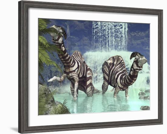 A Pair of Parasaurolophus Feed on Flora Near a Waterfall-Stocktrek Images-Framed Photographic Print