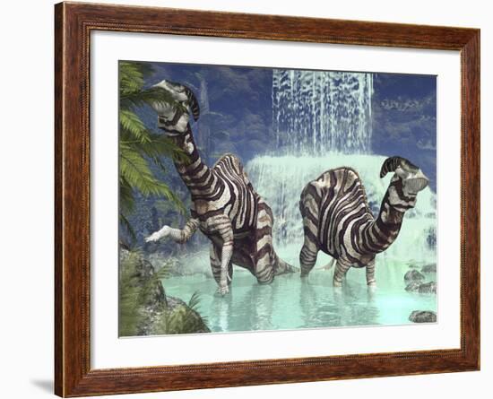 A Pair of Parasaurolophus Feed on Flora Near a Waterfall-Stocktrek Images-Framed Photographic Print