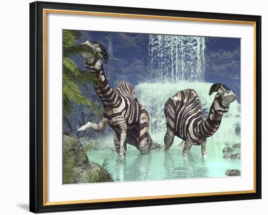 A Pair of Parasaurolophus Feed on Flora Near a Waterfall-Stocktrek Images-Framed Photographic Print