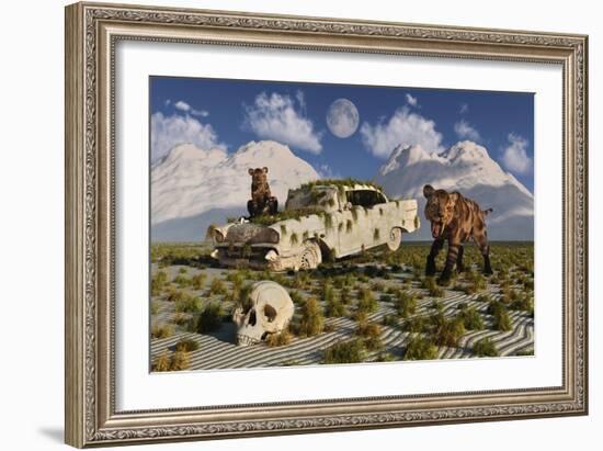 A Pair of Sabre-Toothed Tigers Come across a 1950's American Chevrolet-null-Framed Art Print