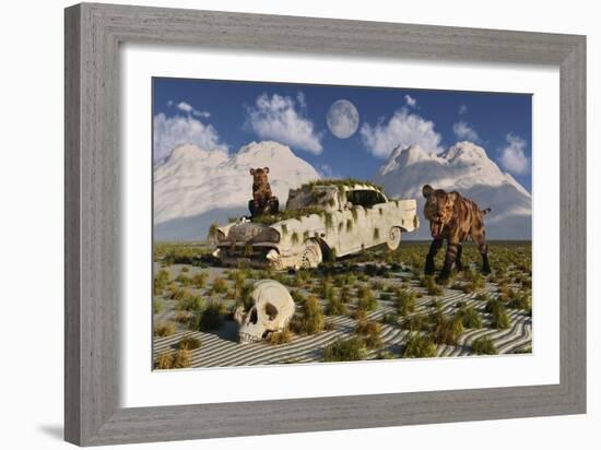 A Pair of Sabre-Toothed Tigers Come across a 1950's American Chevrolet-null-Framed Art Print