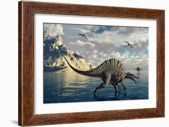 A Pair of Spinosaurus Hunting for Fish-Stocktrek Images-Framed Art Print