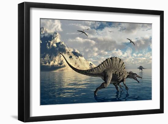 A Pair of Spinosaurus Hunting for Fish-Stocktrek Images-Framed Art Print