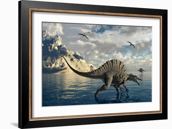 A Pair of Spinosaurus Hunting for Fish-Stocktrek Images-Framed Art Print