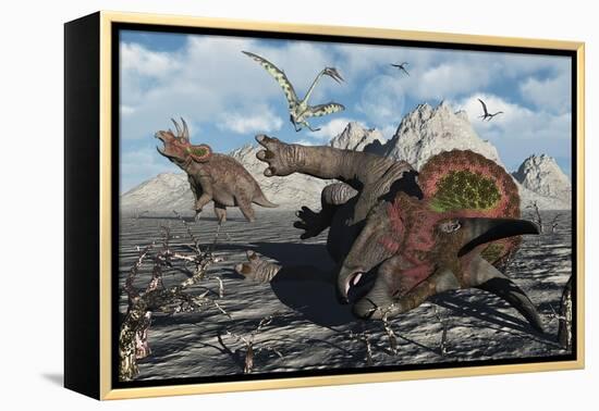 A Pair of Triceratops Trapped in a Deadly Mud Pit-null-Framed Stretched Canvas