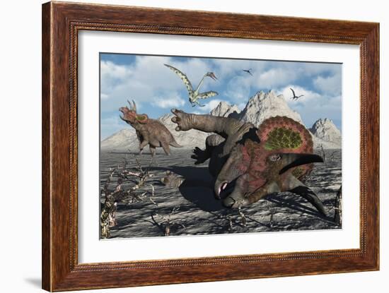 A Pair of Triceratops Trapped in a Deadly Mud Pit-null-Framed Premium Giclee Print